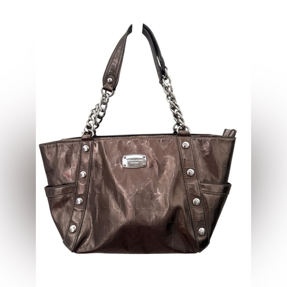 Authentic Michael Kors Delancey Signature Mirror/Metallic Chain Shoulder Tote